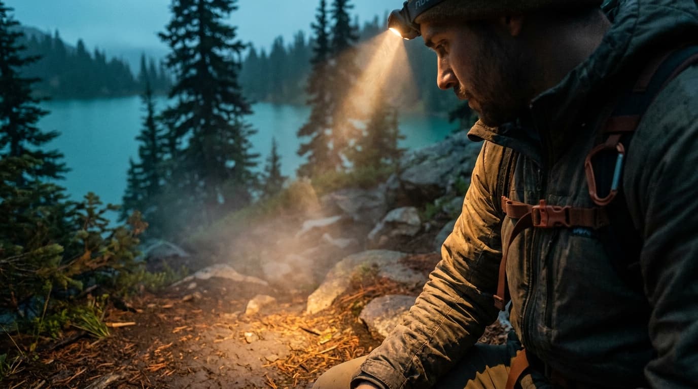 A hiker adjusting a headlamp on a rocky alpine trail at dusk, headlamp beam cutting through low fog