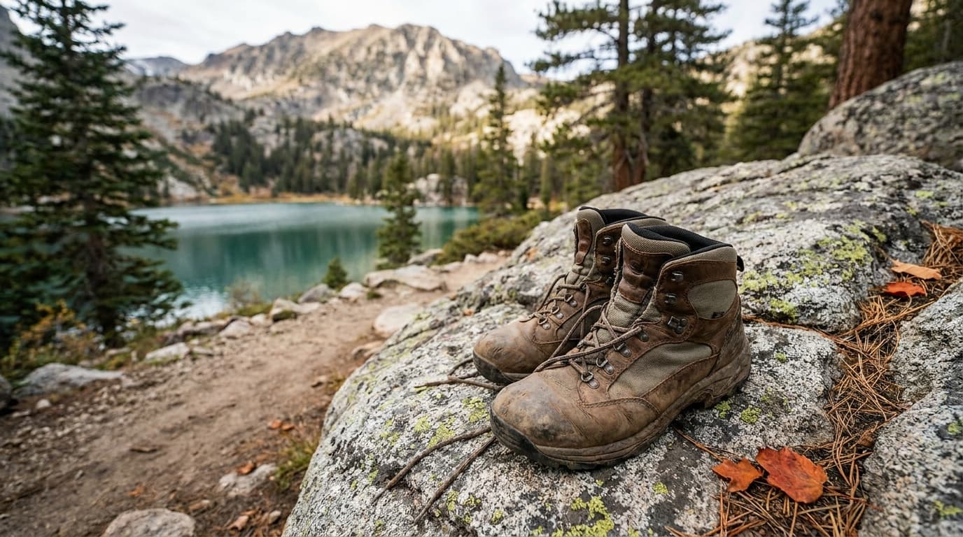 Hiker on a rocky ridgeline trail at sunrise, wearing mid-cut hiking boots with a light daypack, mountain peaks in the background