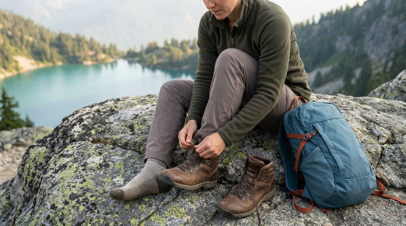 A woman lacing a mid-cut waterproof hiking boot on a granite boulder above an alpine lake, a second boot and a daypack beside her