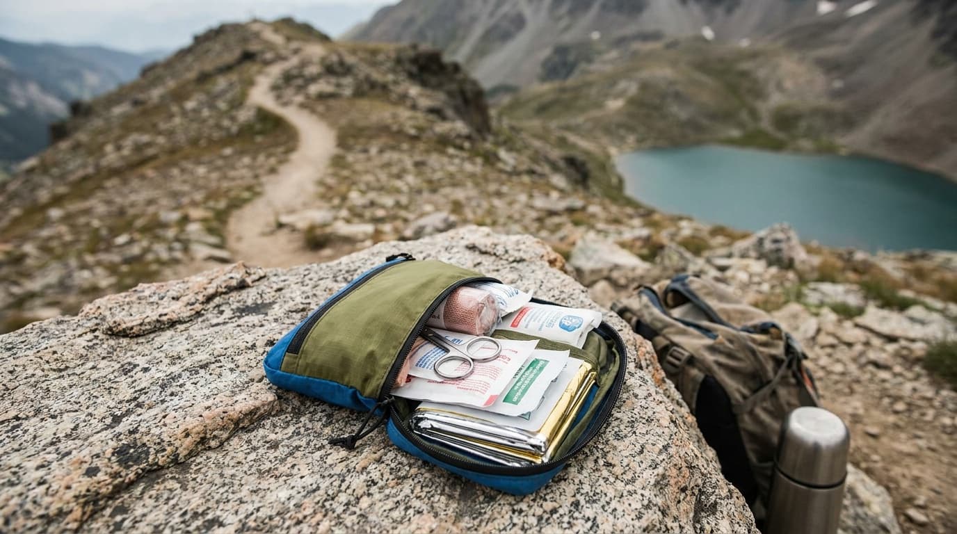 A lightweight first aid kit open on a granite slab above treeline, trail and ridgeline visible in the background