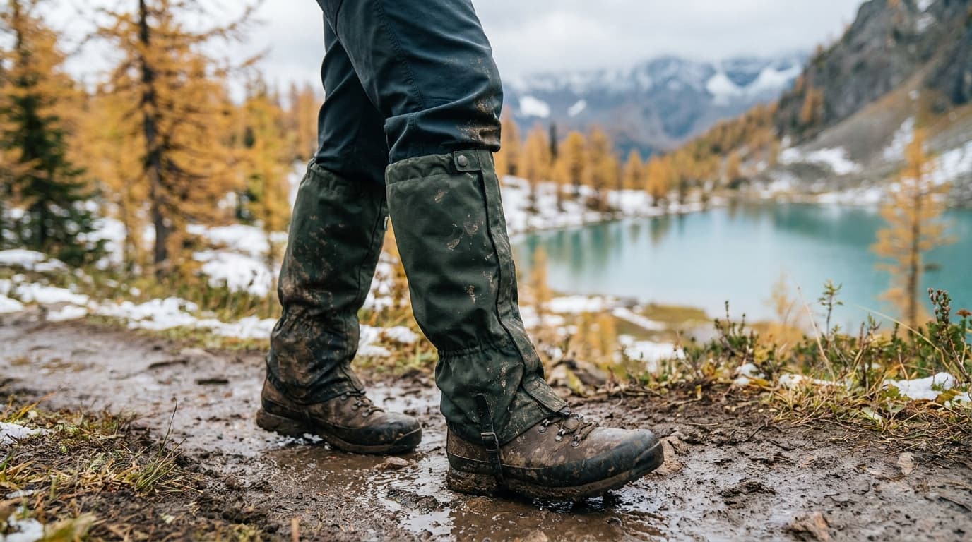 Hiker crossing a muddy alpine trail in full-height gaiters, autumn larch forest and snow patches in the background