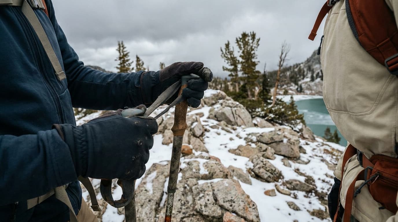 Hiker adjusting trekking pole straps on a snow-dusted ridge, wearing dark softshell gloves, grey sky and exposed granite in the background