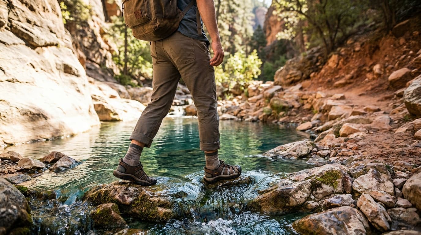 A hiker stepping through a shallow creek crossing on a rocky trail, wearing closed-toe sandals, sunlit canyon walls in the background