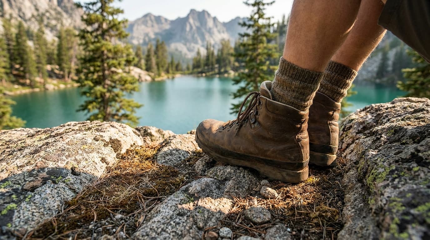 A hiker's boots and sock-covered ankles on a rocky trail, sunlight on the stones ahead