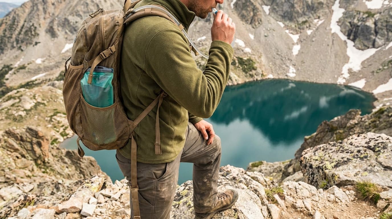 A hiker on a sun-lit mountain ridge pausing to drink from a hydration hose, a teal reservoir visible through the mesh pocket of a pack