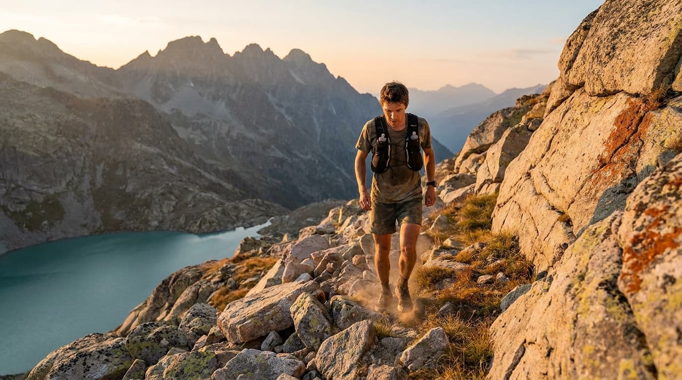 A trail runner descending a rocky ridgeline at golden hour, wearing a fitted hydration vest with soft flasks visible in the chest pockets