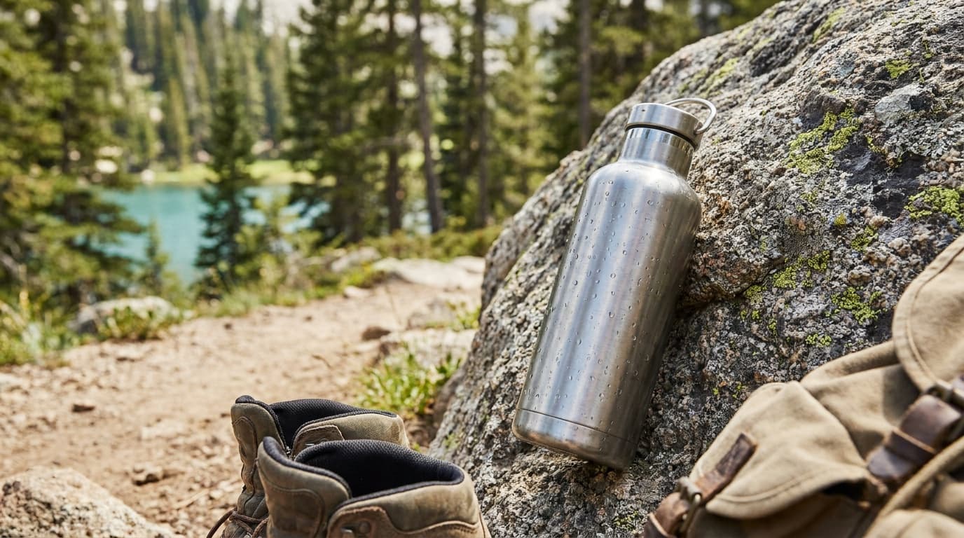A stainless steel insulated water bottle resting against a granite boulder on a sun-drenched alpine trail, condensation visible on the exterior, pine forest blurred in the background