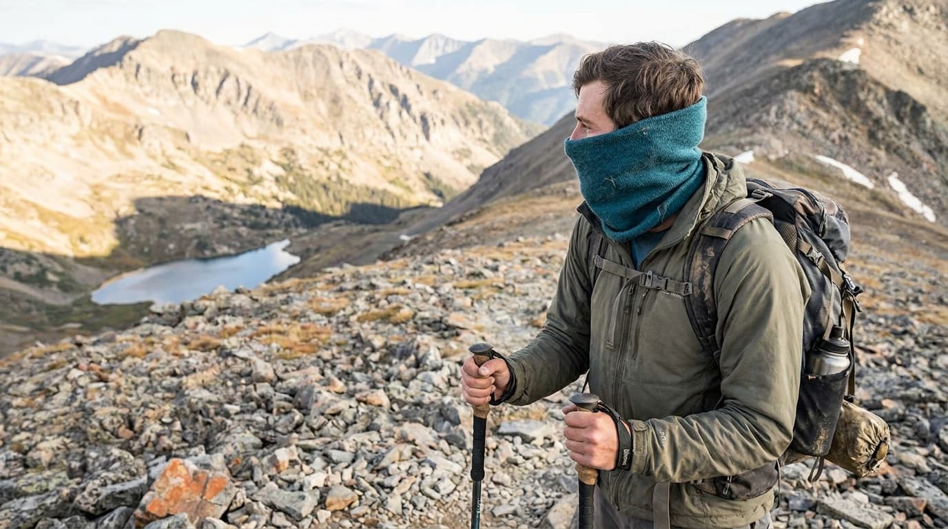 A hiker on an exposed ridge wearing a teal neck gaiter pulled up over the nose, trekking poles in hand, bright midday sun and open rocky terrain in the background