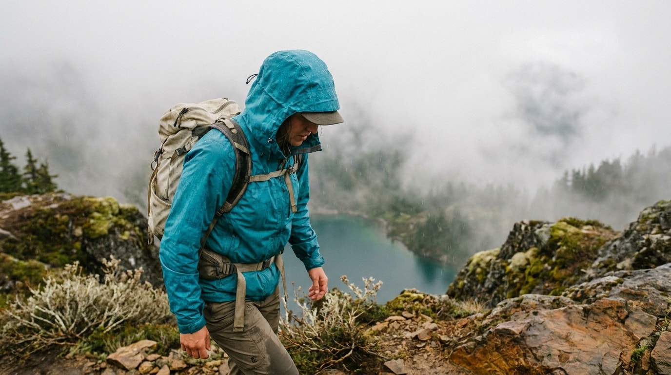 A hiker in a rain jacket on a misty ridge