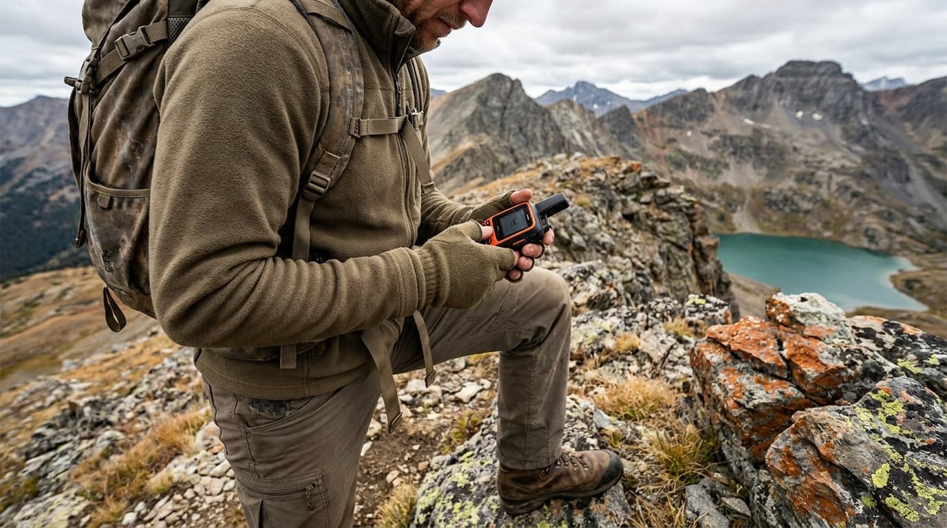 A hiker on a rocky alpine ridge checks a small satellite messenger clipped to a shoulder strap, peaks and open sky behind them