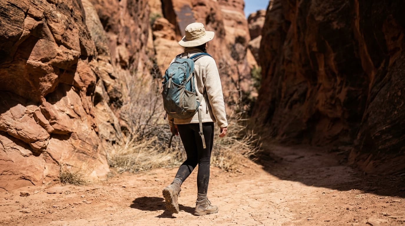 A hiker in a wide-brim sun hat crossing a sun-bleached desert canyon trail, red rock walls rising on either side under a cloudless midday sky