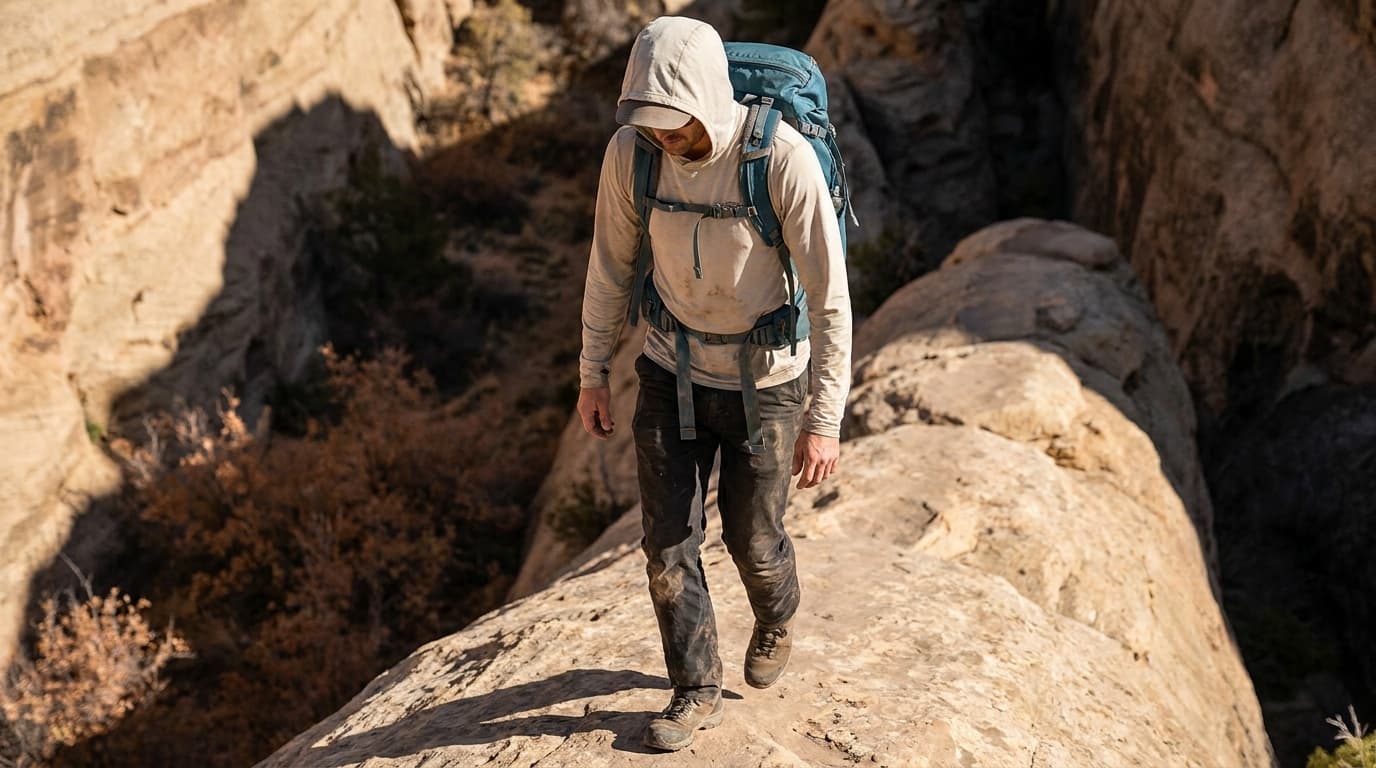 A hiker in a light-colored UPF hooded shirt descending a sun-exposed sandstone ridge in the American Southwest, midday glare casting sharp shadows across canyon walls
