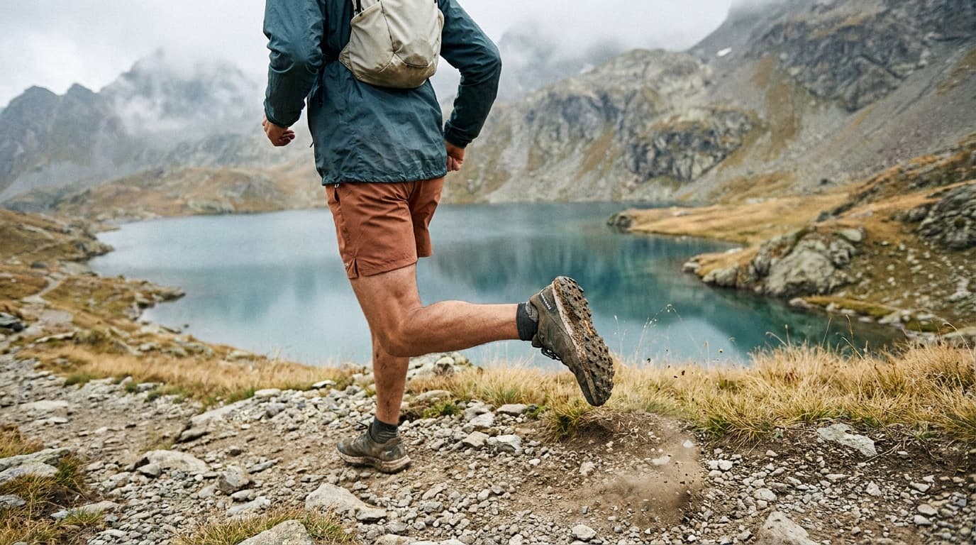 A trail runner mid-stride on a rocky alpine singletrack, dirt and loose stone kicking up behind the shoe's lugged outsole