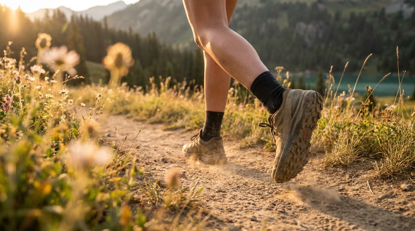 A woman running on a dirt singletrack trail through summer meadow grass at golden hour, dust lifting off her trail running shoes