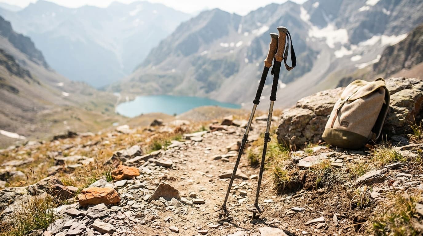 A hiker using trekking poles on a rocky alpine trail
