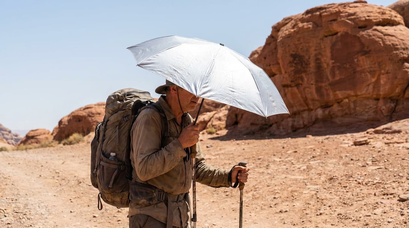 A hiker carrying a silver reflective umbrella across a bright desert trail