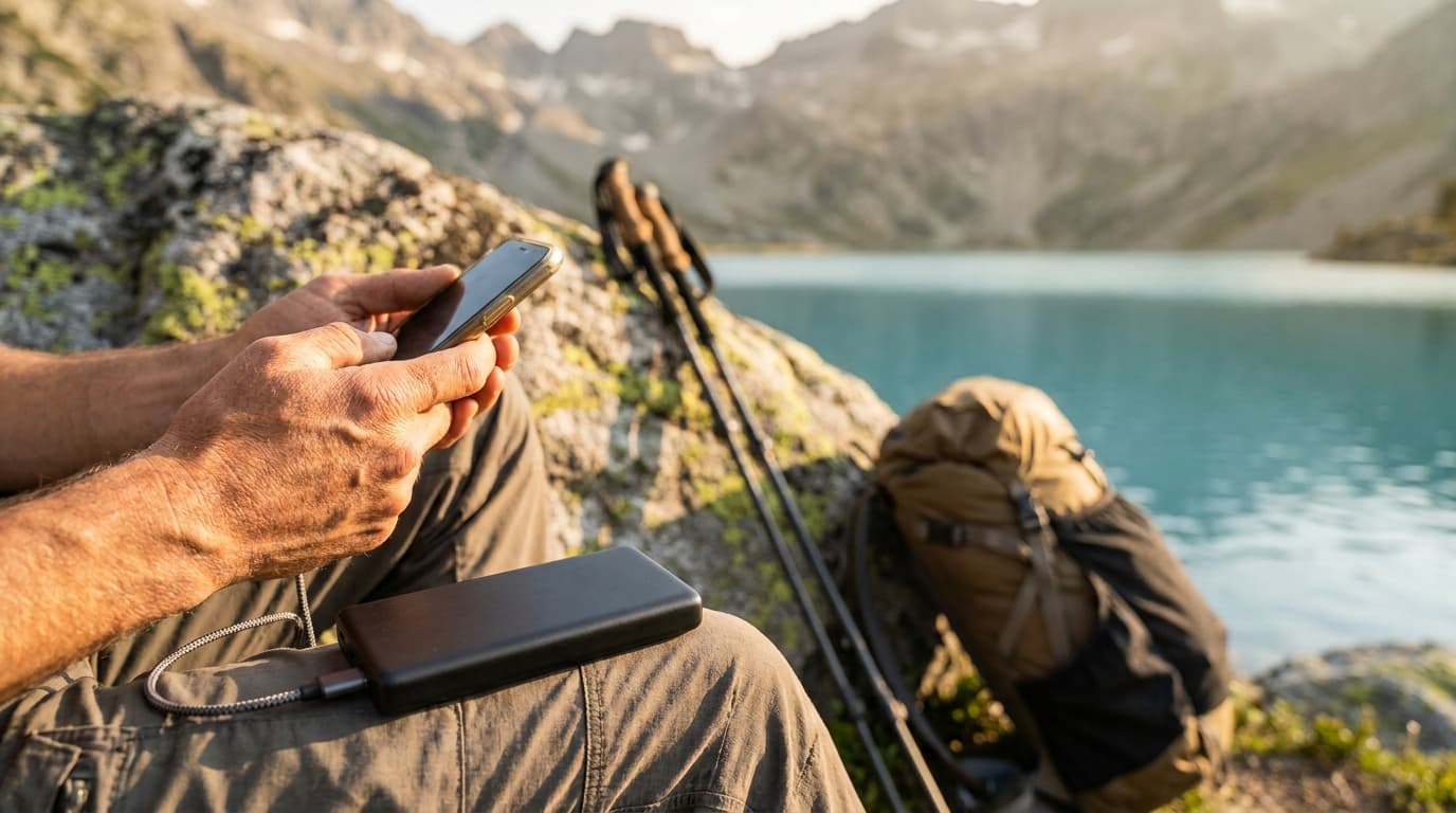 A backpacker on a granite boulder above an alpine lake checks a phone, a slim black power bank and cable resting on one knee, trekking poles and a small pack beside them