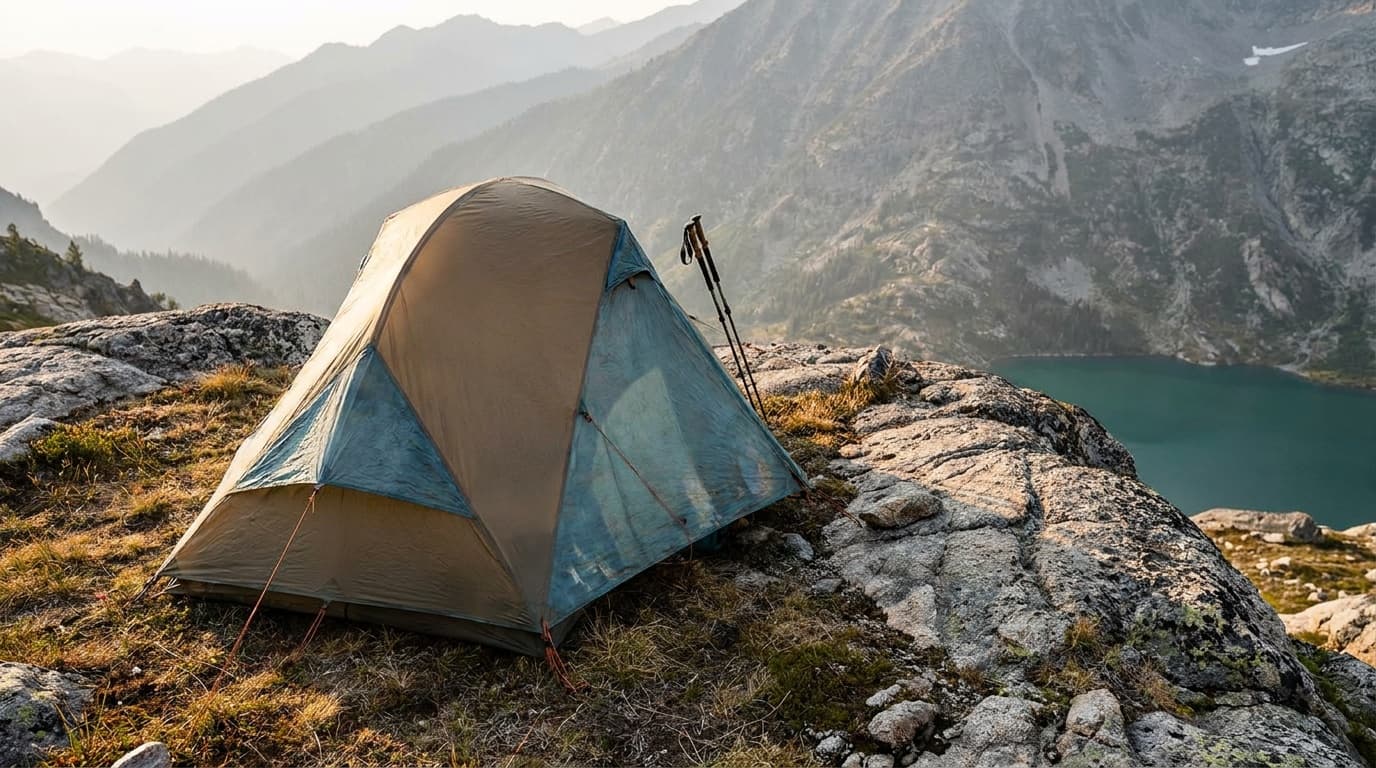 A freestanding ultralight tent pitched at golden hour on a granite ridgeline, trekking poles leaning against the fly, mountain range receding in the background