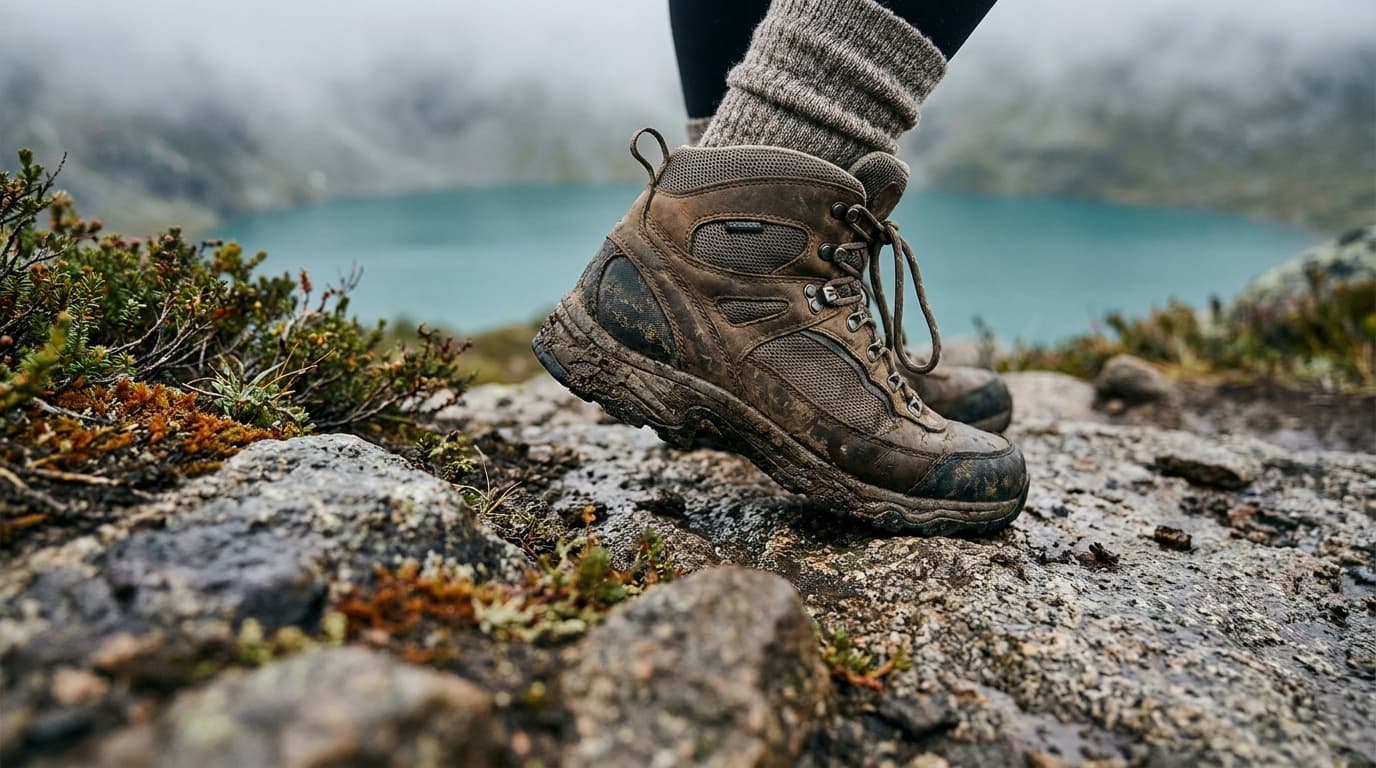 Women's waterproof mid-cut hiking boots mid-stride on a wet rocky mountain trail