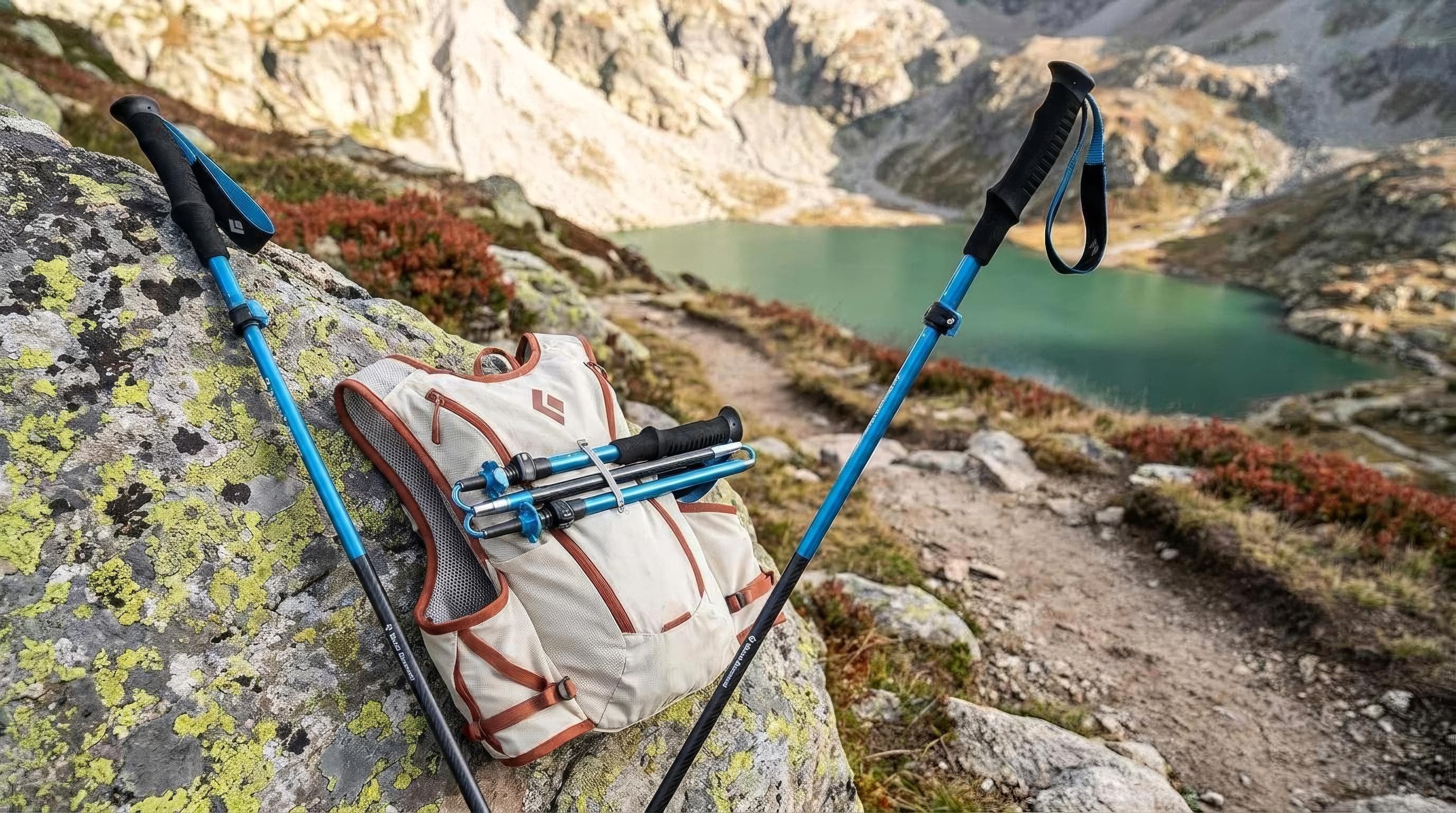Folded carbon trekking poles secured to the shoulder of a trail-running pack