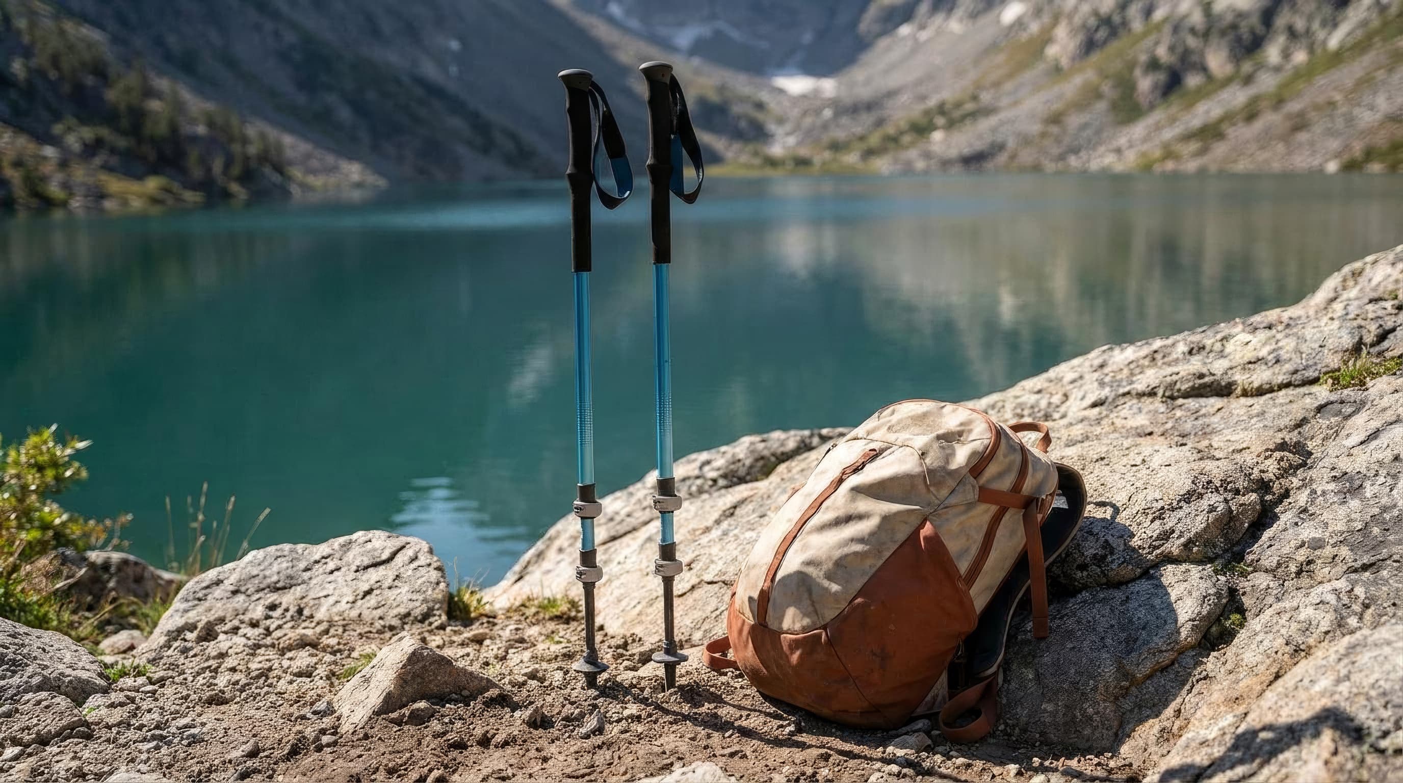 Black Diamond Trail Back style aluminum trekking poles planted beside a rocky mountain trail