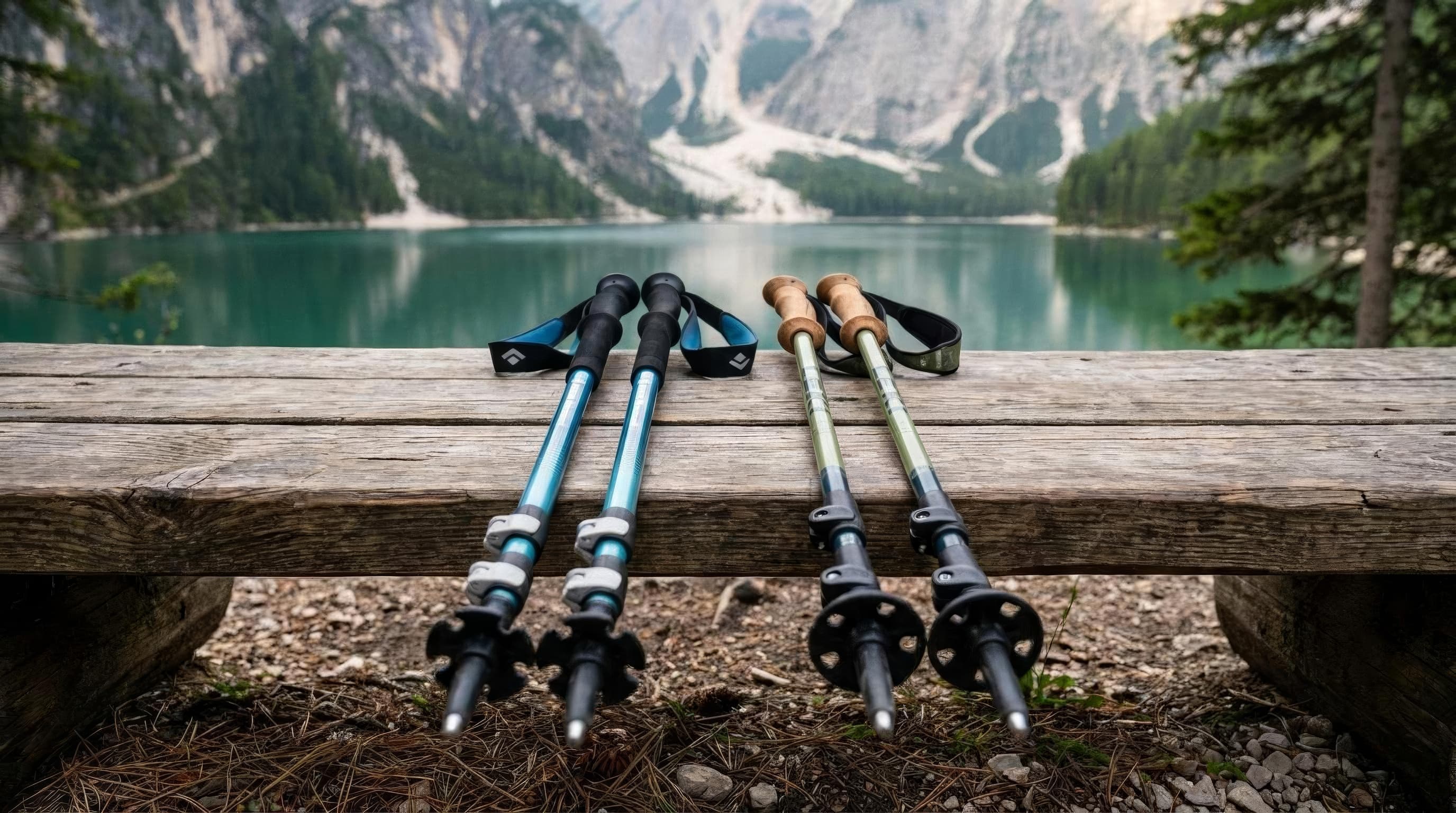 Two pairs of aluminum trekking poles with foam and cork grips compared at a trailhead
