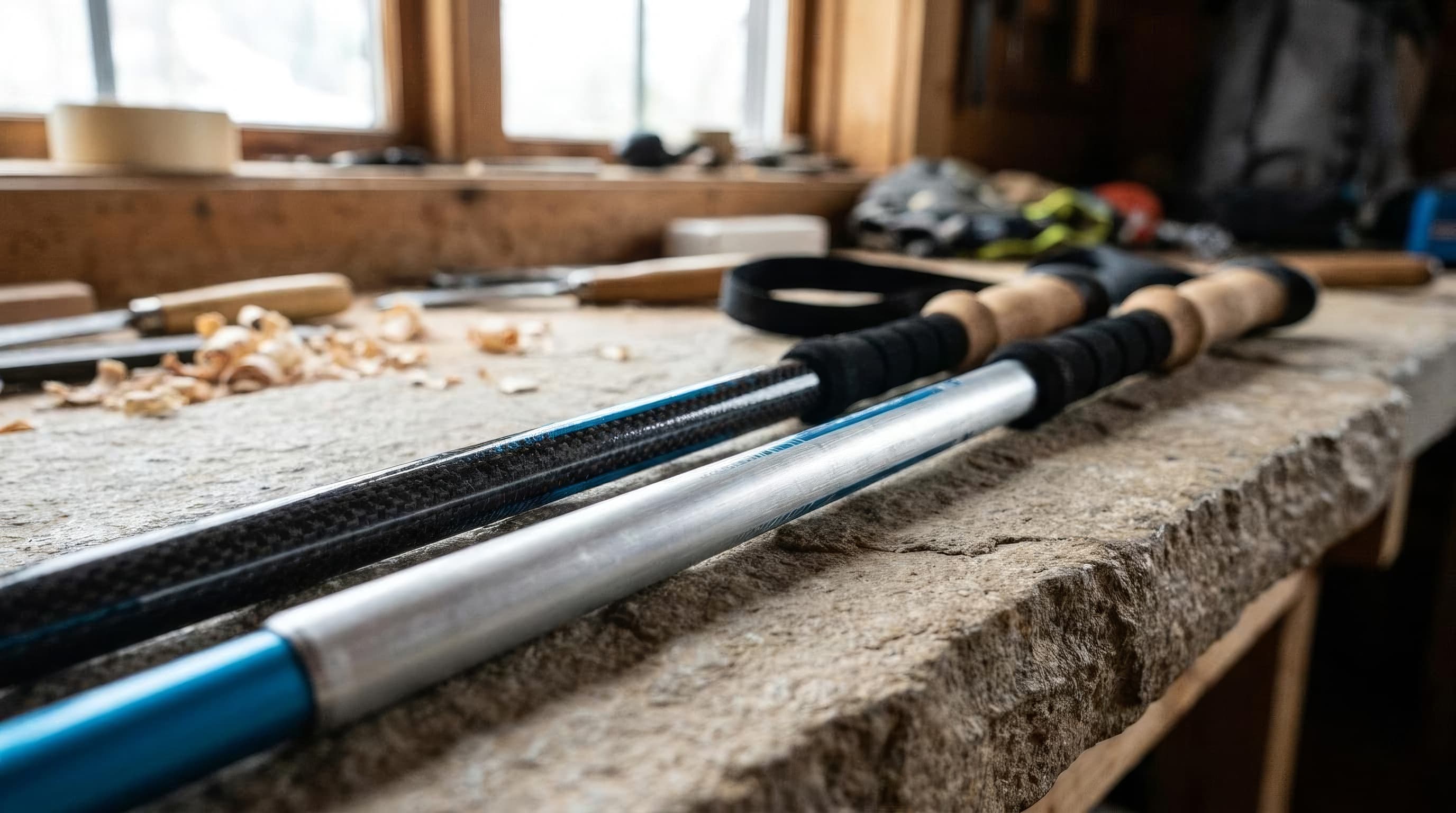 Carbon fiber and aluminum trekking pole shafts shown side by side over a mountain map