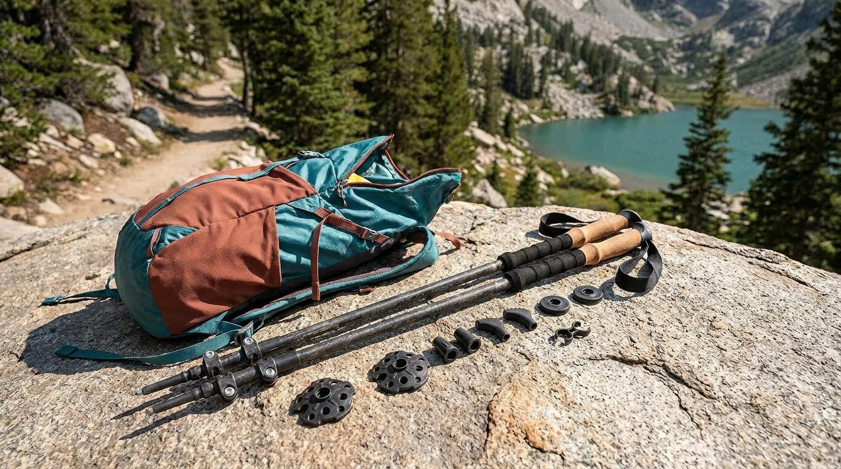 Carbon fiber trekking poles with cork grips laid beside a packed hiking backpack