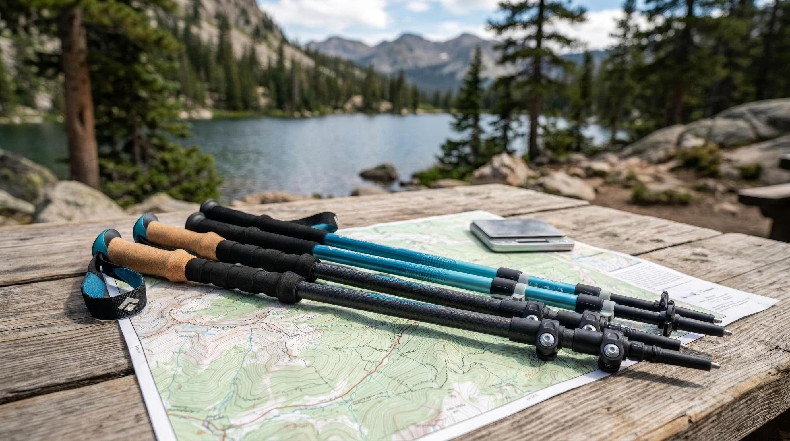 Carbon and aluminum trekking pole pairs compared beside a rocky backpacking trail
