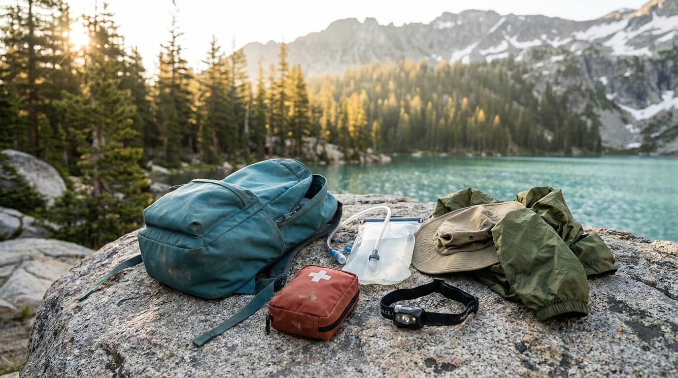 Daypack, hydration bladder, first aid kit, headlamp, and sun hat laid out for a hike
