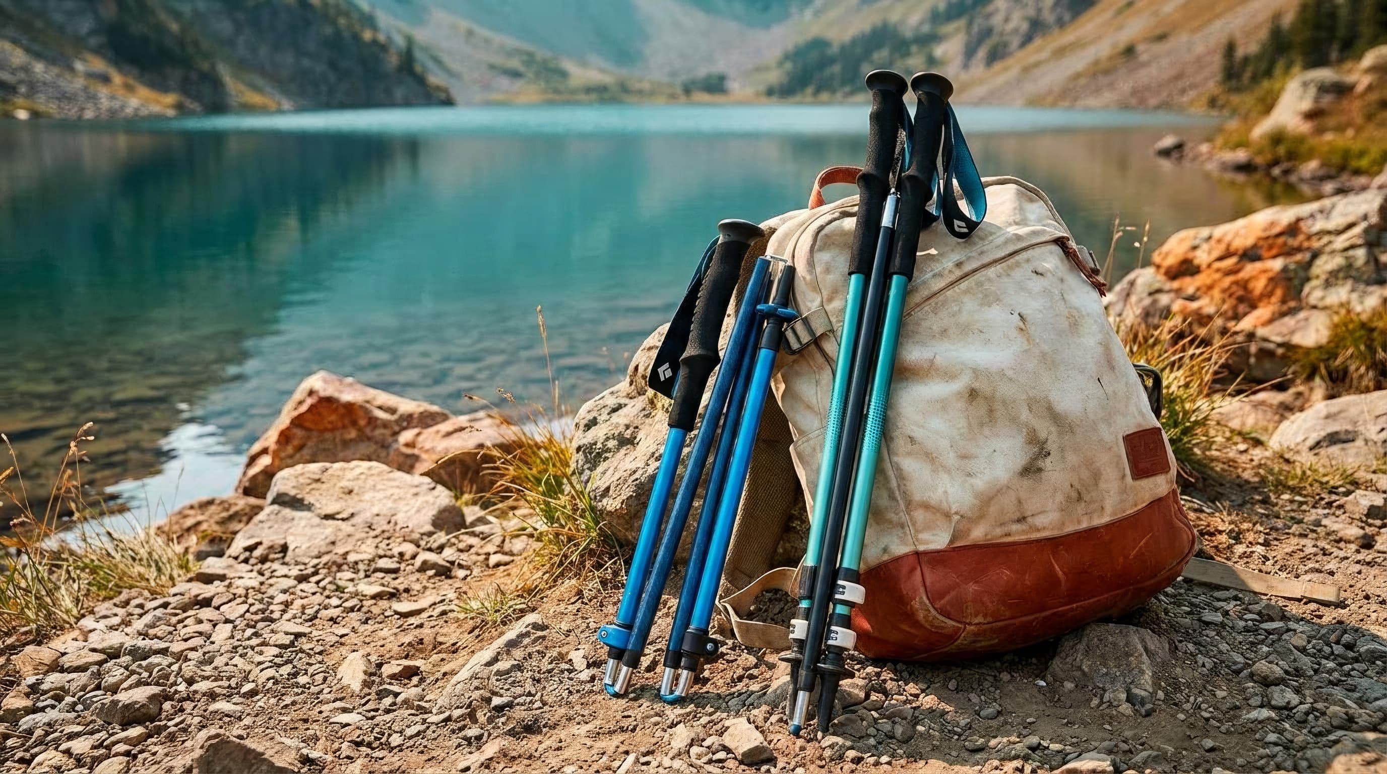 A short folded Z-pole bundle beside a long collapsed telescoping trekking pole pair