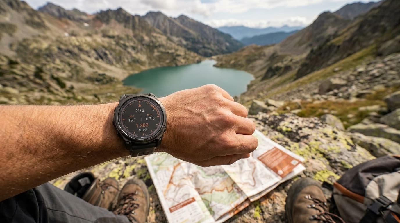 Garmin Fenix 8 Solar Sapphire 47mm watch displayed against a clean trail-ready background