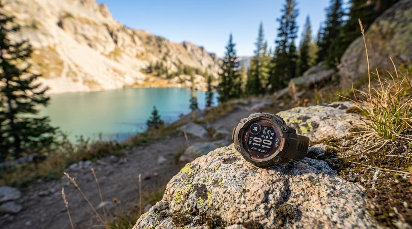 Garmin Instinct 3 Solar 45mm watch shown against a rugged hiking backdrop