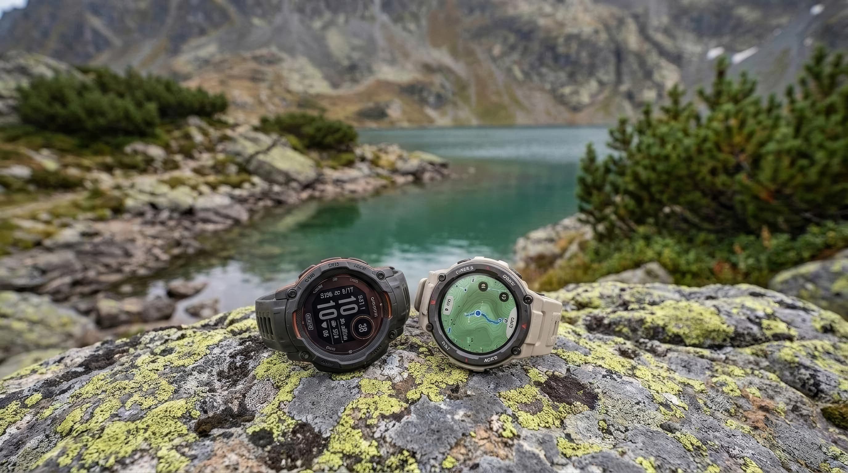 Garmin Instinct 3 Solar and Amazfit T-Rex 3 watches displayed side by side