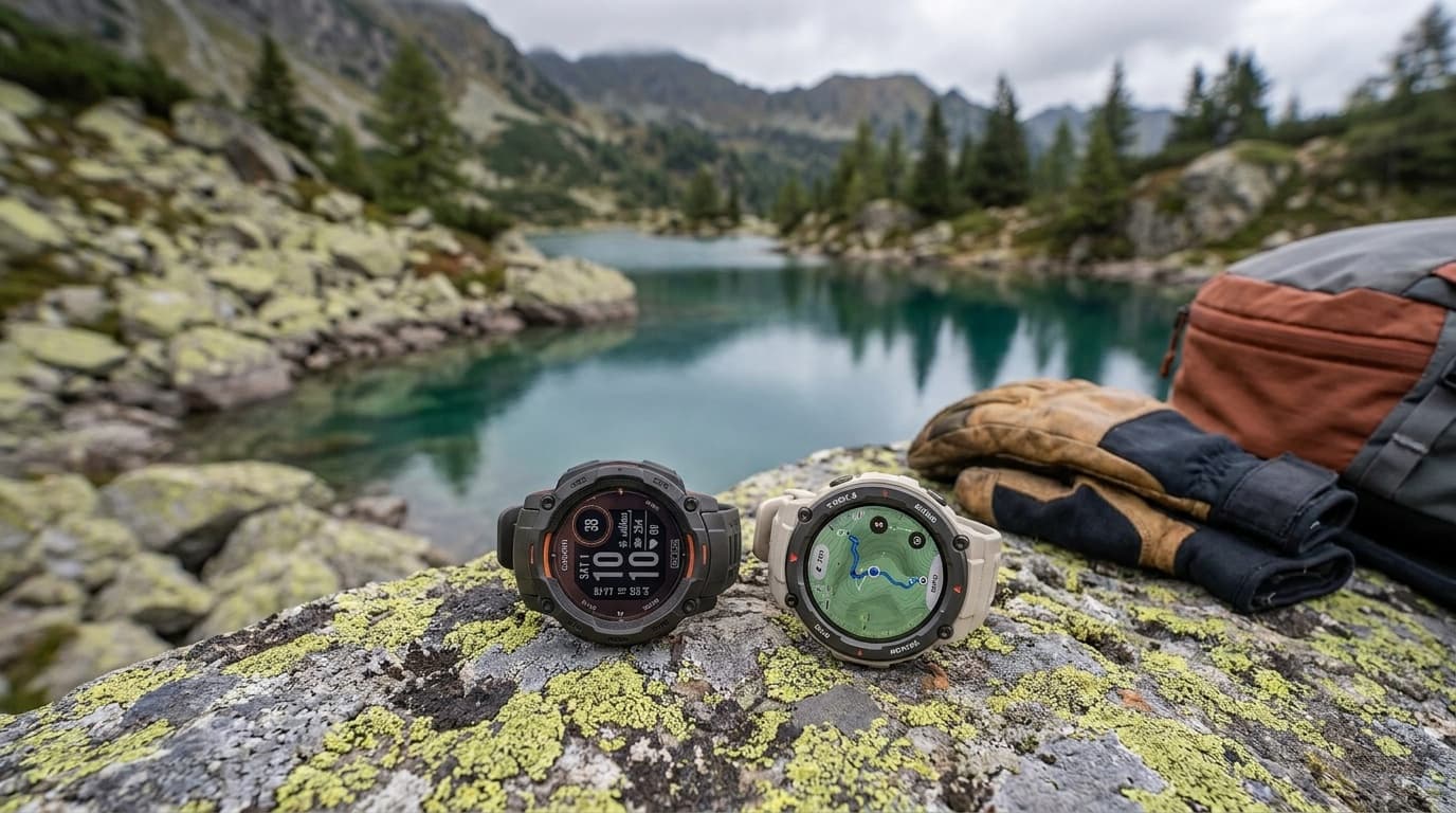 Garmin Instinct 3 Solar and Amazfit T-Rex 3 watches displayed side by side