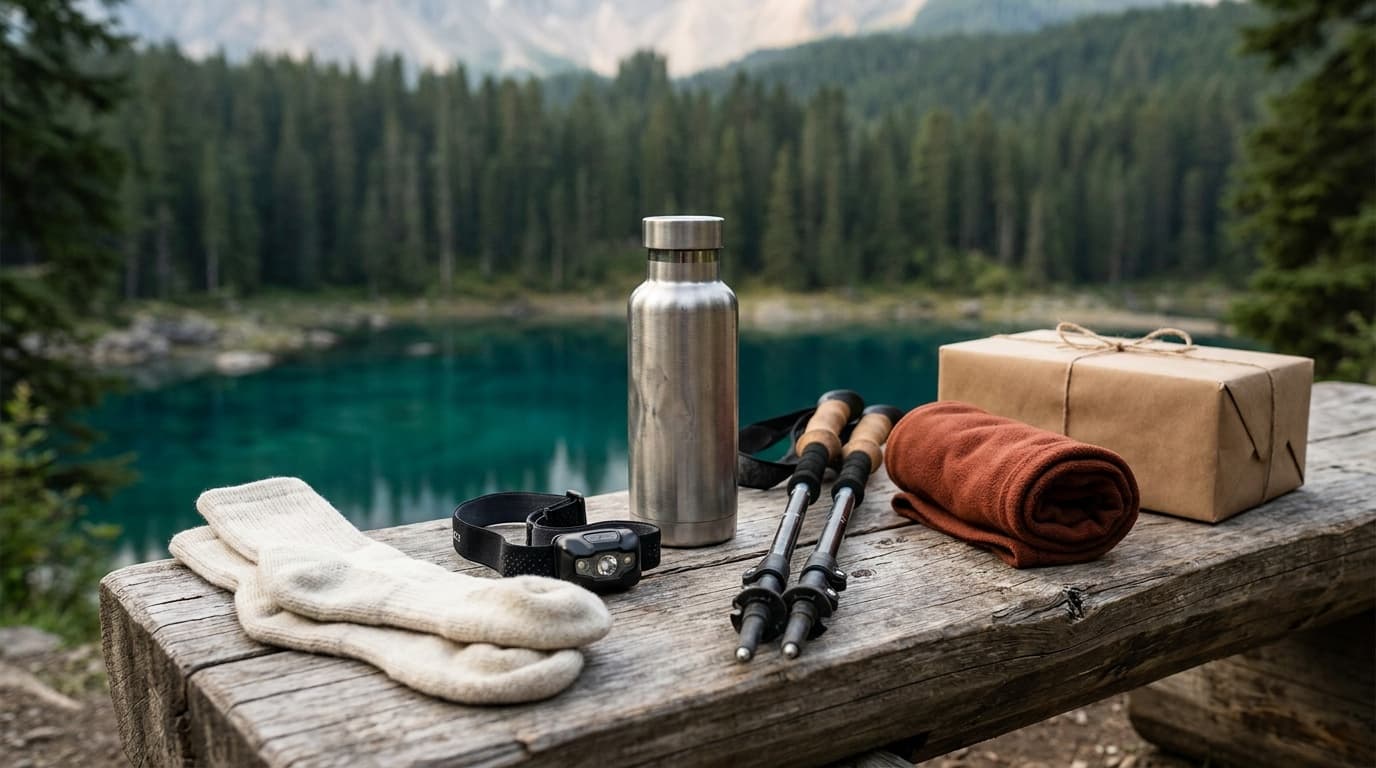 Hiking gifts on a weathered trailhead bench in alpine morning light: merino socks, a small headlamp, an insulated bottle, folded trekking poles, and a fleece gaiter beside a wrapped gift box