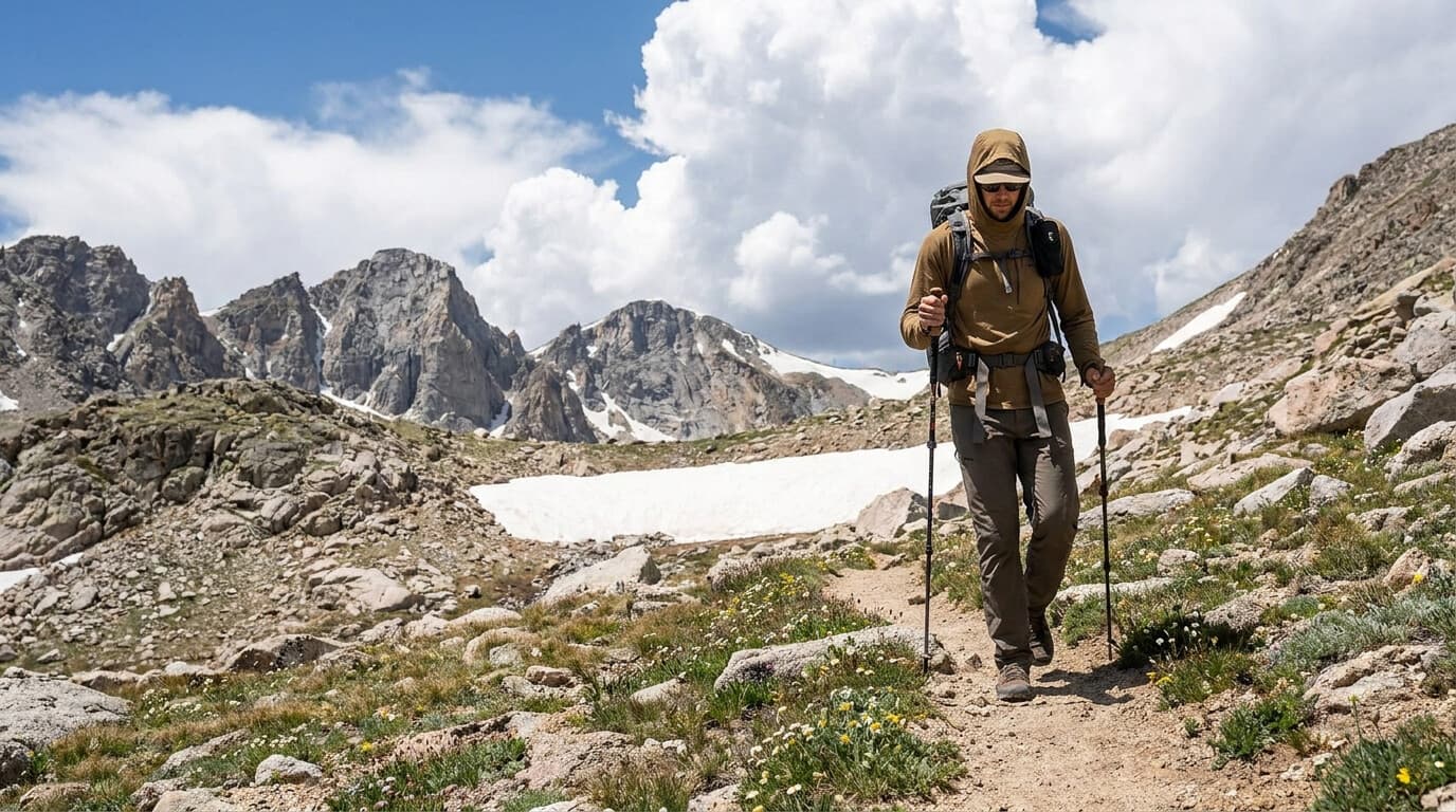 A hiker with trekking poles ascending an alpine trail above treeline, granite peaks and building afternoon clouds in the distance