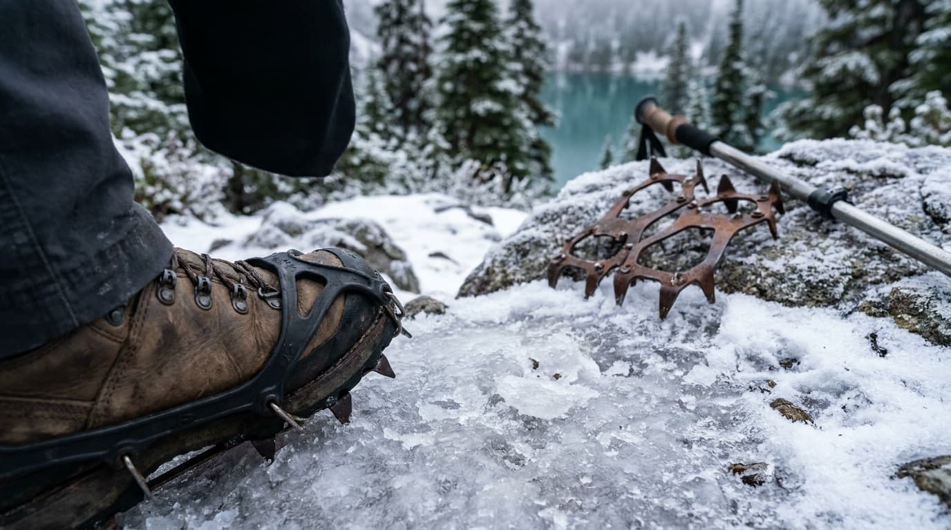 A hiking boot wearing stretch-on traction spikes on an icy trail, with a steel crampon and trekking pole resting on a snowy rock and a turquoise lake behind