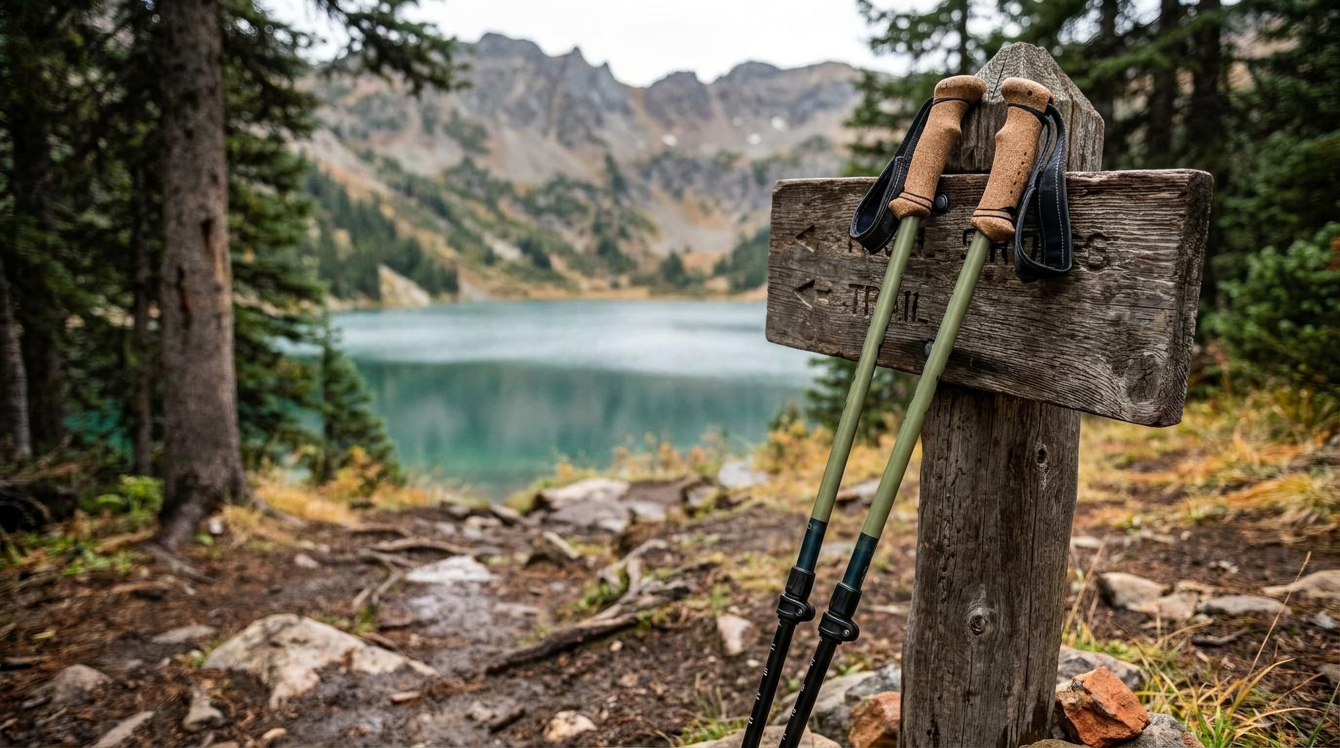 LEKI Legacy Lite style trekking poles with cork grips resting against a trail sign