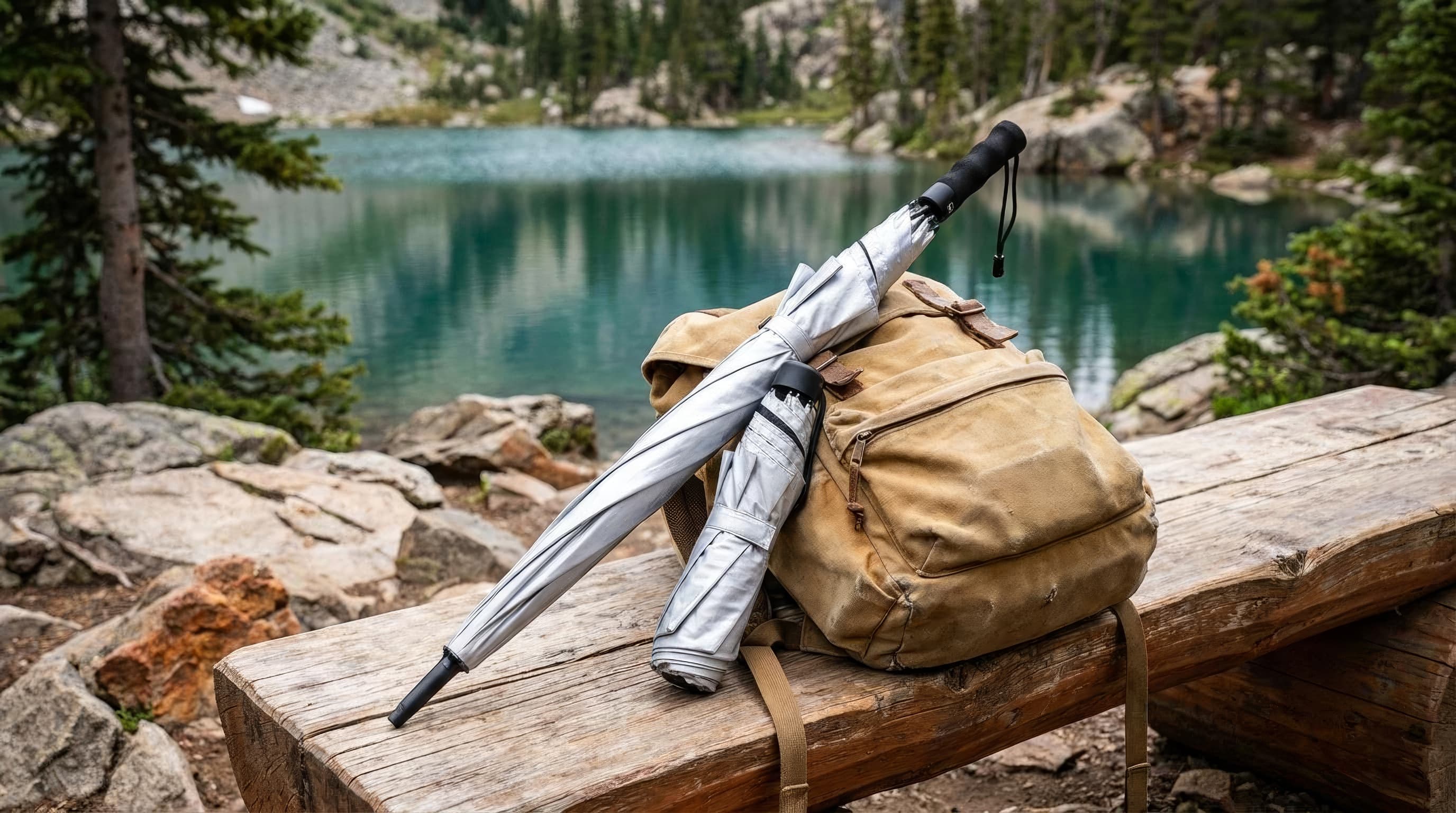 A full-length silver trekking umbrella beside a compact folded hiking umbrella on a backpack