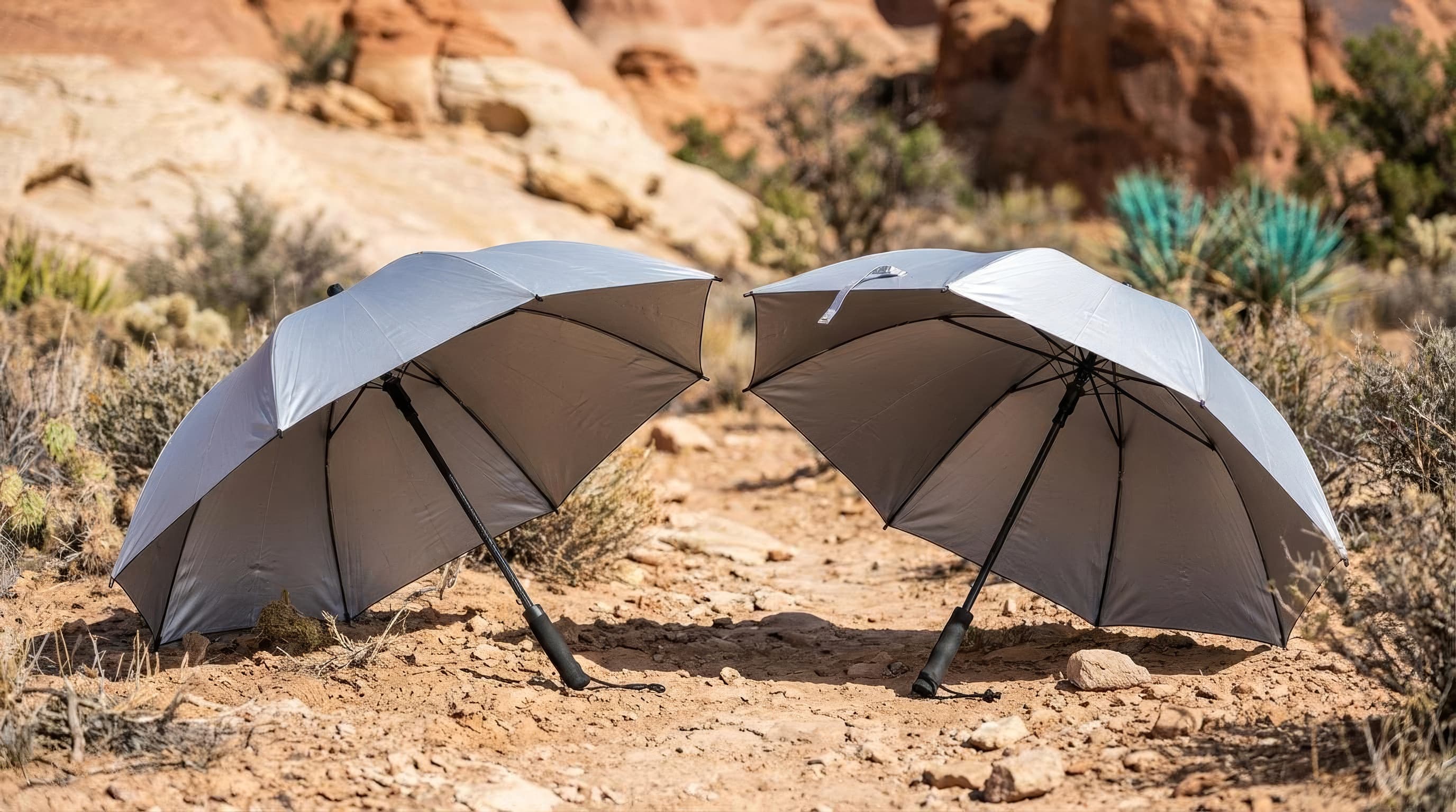 Two silver trekking umbrellas with carbon and fiberglass shafts compared in bright desert sun