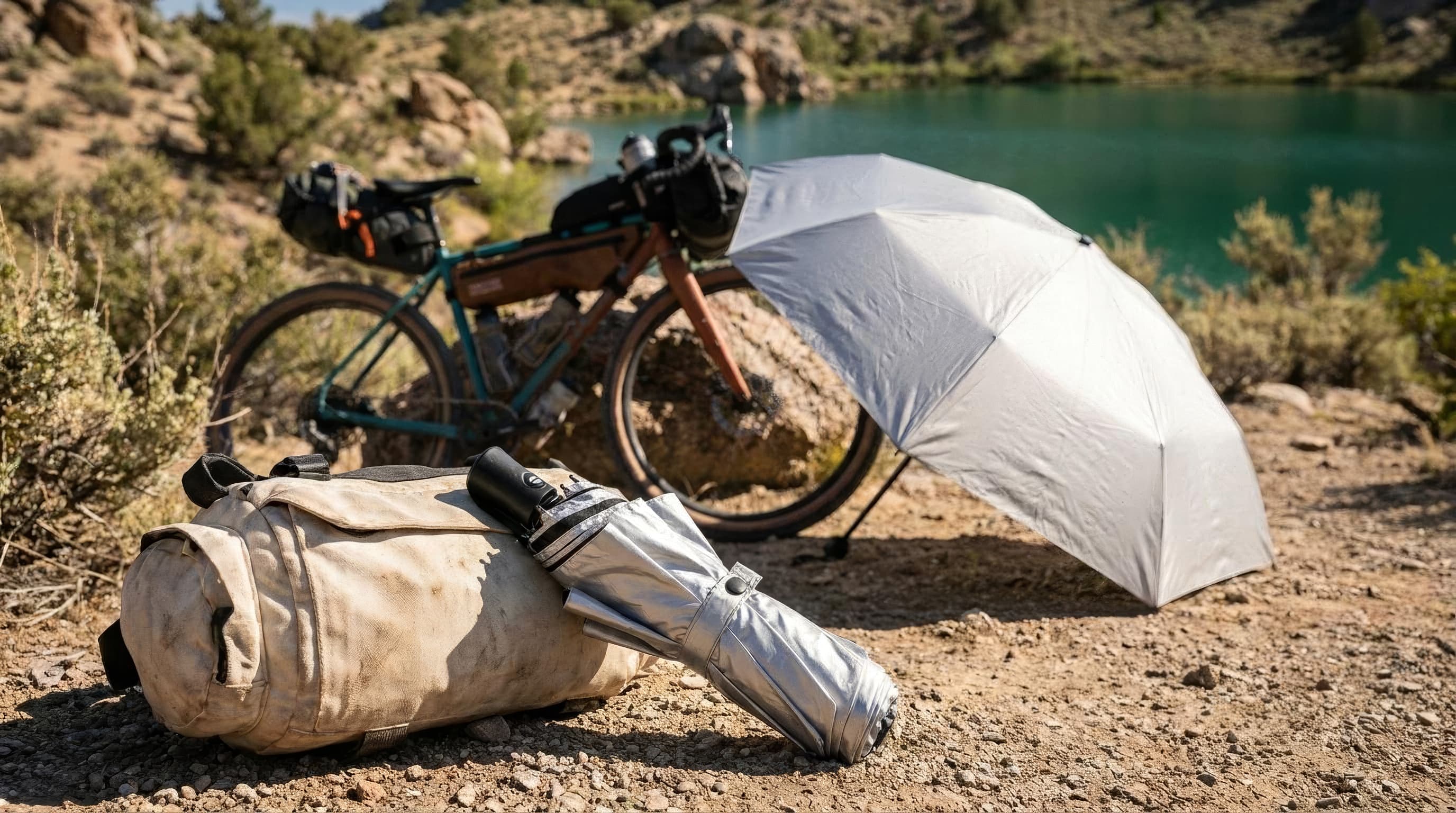 A compact folded silver hiking umbrella beside a small bikepacking bag and trail map