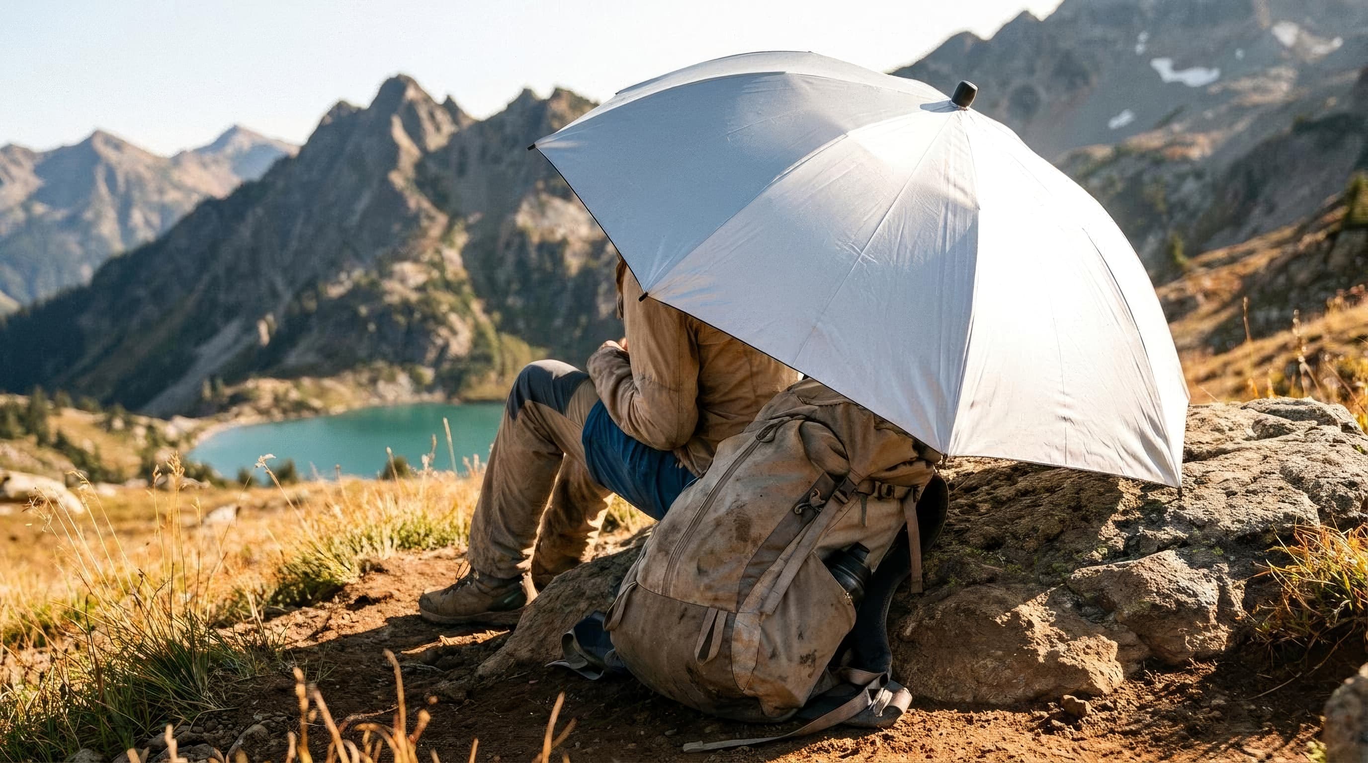 A silver fiberglass trekking umbrella shading a backpack at an exposed trail rest stop