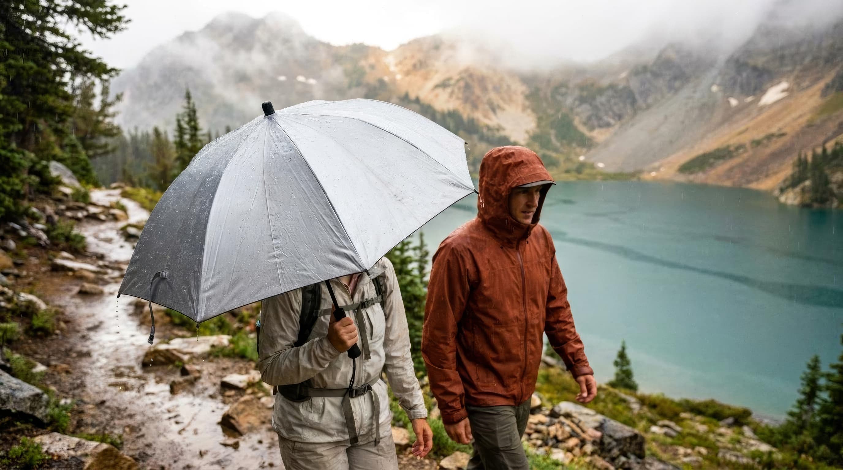 Two hikers in summer rain, one beneath a silver trekking umbrella and one wearing a hooded rain jacket