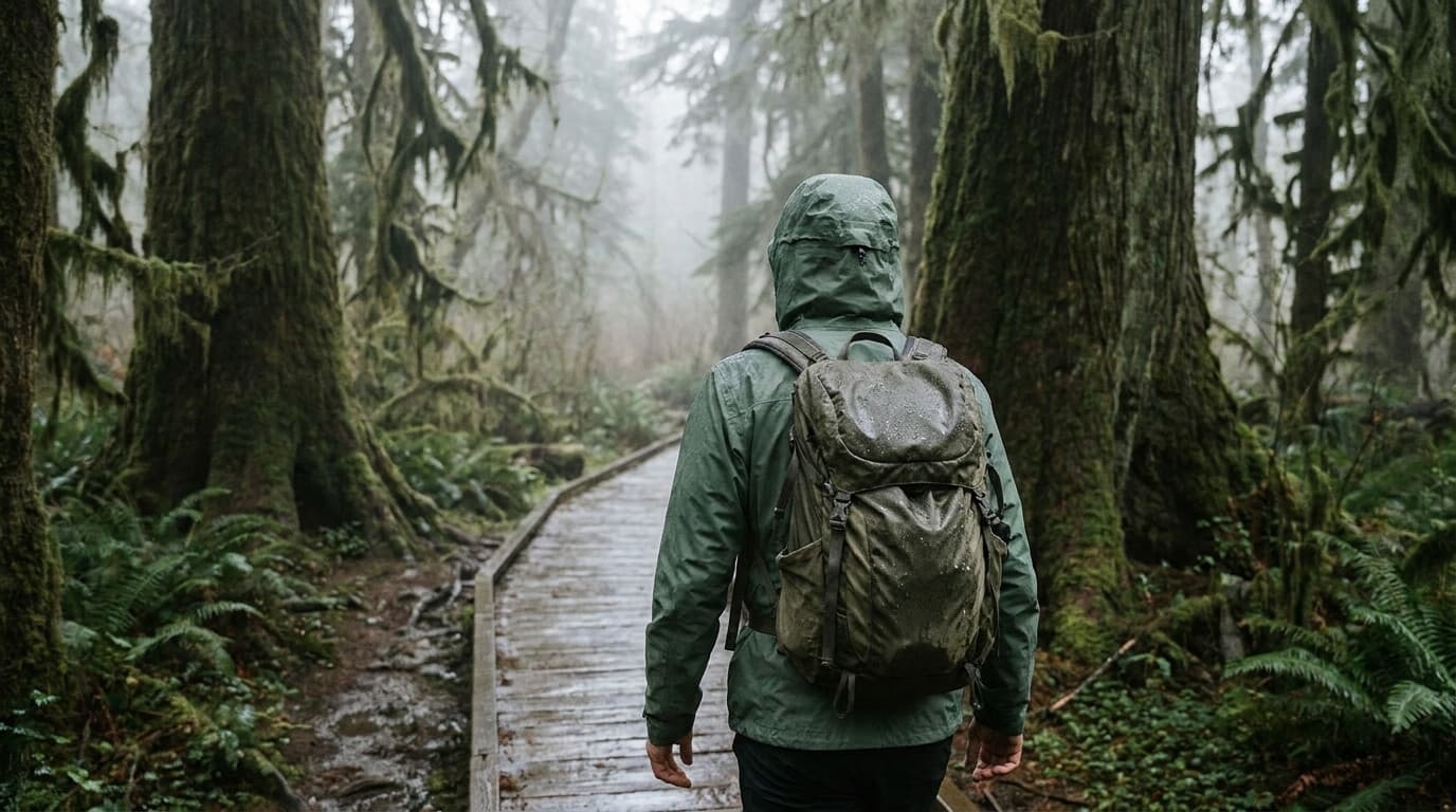 A hiker in a rain shell with hood up on a misty temperate rainforest trail among moss-draped trees in the Pacific Northwest