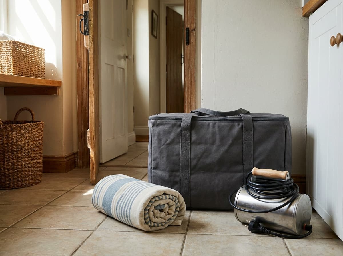 Illustration of packed portable sauna equipment and a towel in a utility room