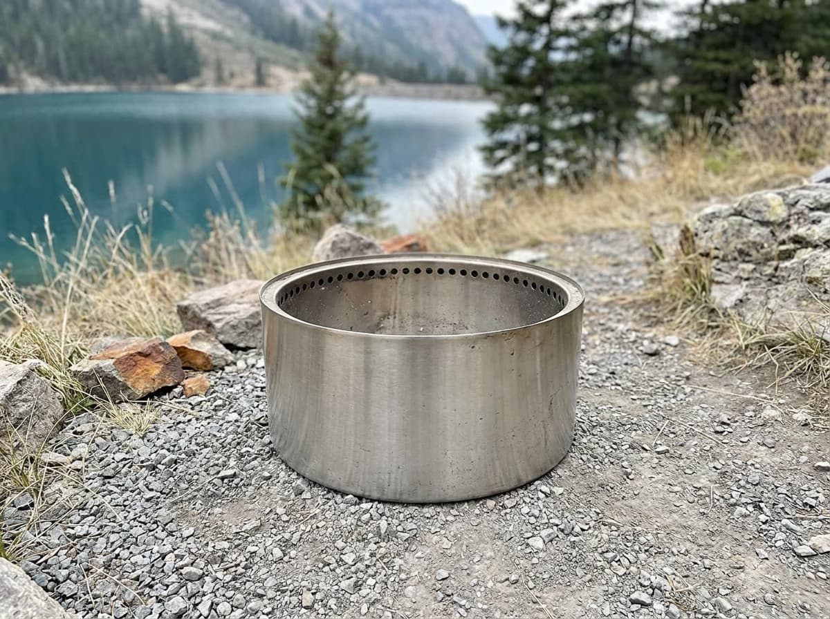Illustration of an empty unlit stainless-steel fire pit on gravel