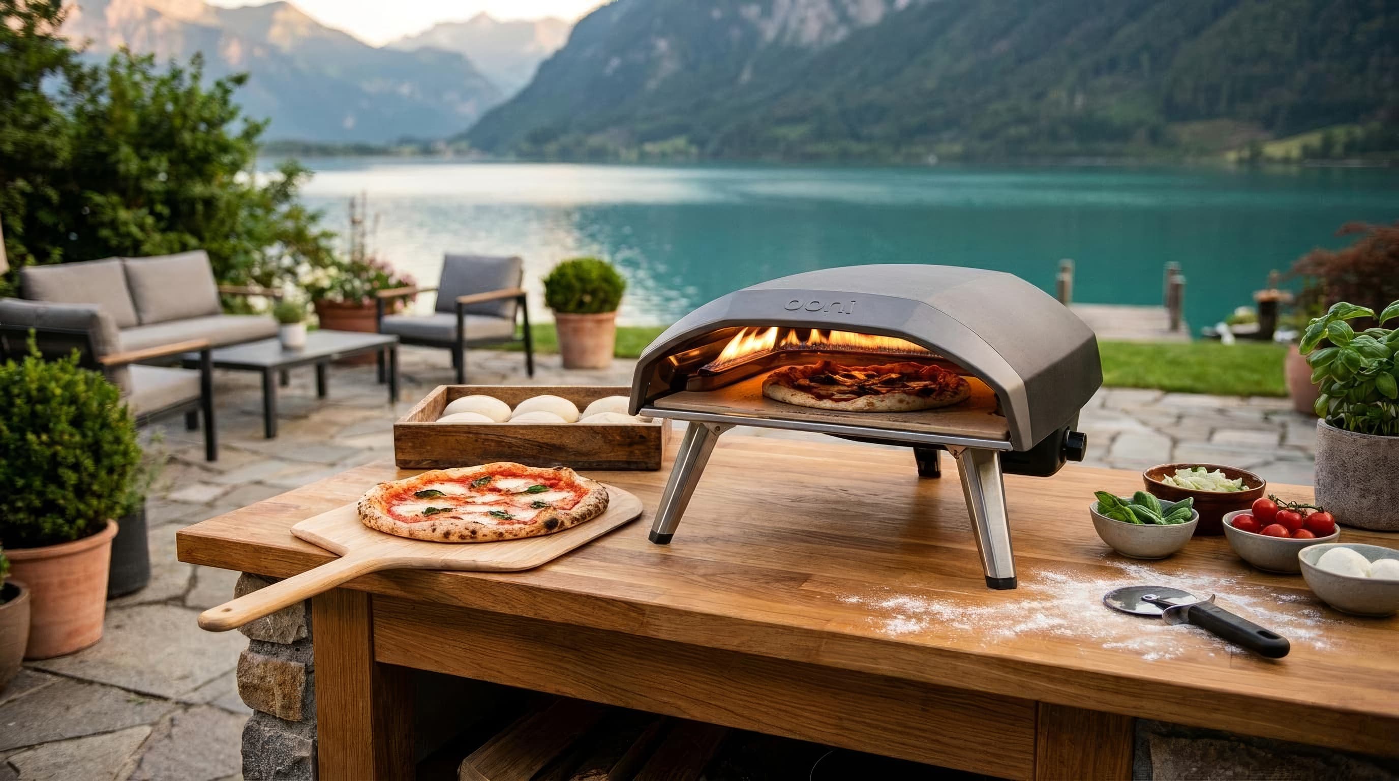An Ooni Koda 16 cooking a large pizza on a spacious backyard counter at dusk