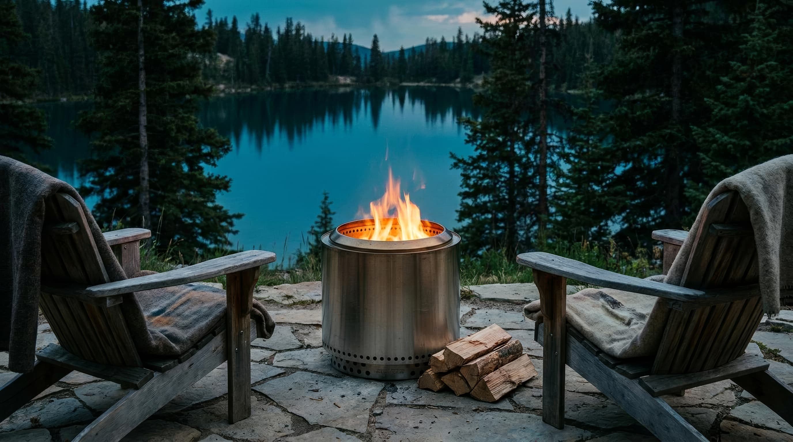 A stainless smokeless fire pit burning cleanly on a stone patio at dusk with two chairs pulled close