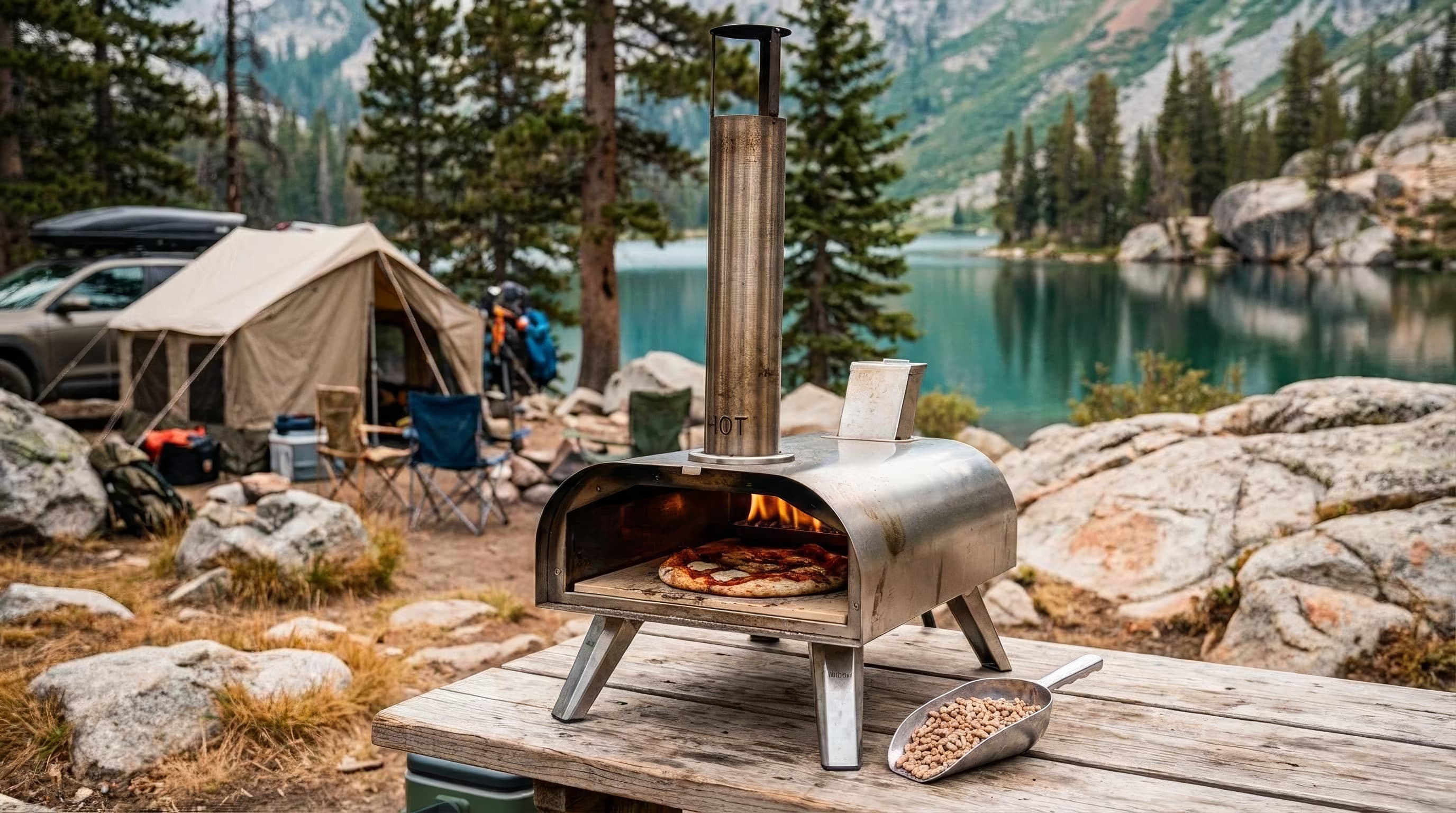 A BIG HORN OUTDOORS pellet pizza oven cooking on a stable car-camping table